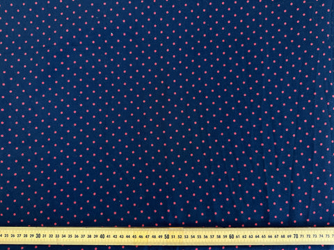 2m LEFT: Vintage Fabric 1980s Cotton Twill w/ Small Blend Dark Coral Spots on Navy