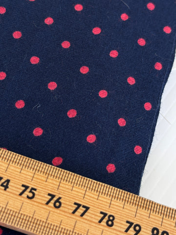 2m LEFT: Vintage Fabric 1980s Cotton Twill w/ Small Blend Dark Coral Spots on Navy
