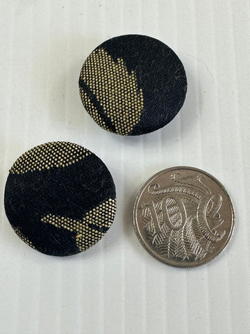 ONE PAIR ONLY: Modern Buttons x2 Gold Black Fabric on Plastic Shank 25mm