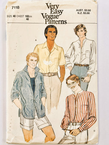 MEN'S SHIRT: Vintage Sewing Pattern Very Easy Vogue 1980s Size 40 Complete Uncut *7118
