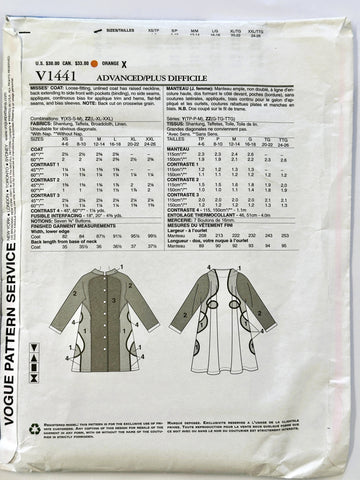 LOOSE-FITTING COAT: Vogue American Designer Sewing Pattern Koos Van Den Akker 2015 Uncut FF Size LGE-XLG-XXL *V1441