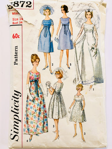 ONE-PIECE BRIDE OR BRIDESMAID EVENING DRESS: Simplicity Sewing Pattern Size 14 Bust 34 Used Cut 1964 Complete *5872