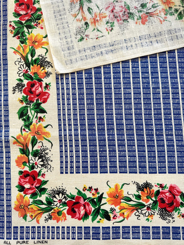 Vintage Tea Towel Irish Linen LamontFlowers & Grid Unused 52cm x 78cm
