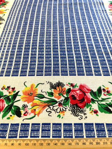 Vintage Tea Towel Irish Linen LamontFlowers & Grid Unused 52cm x 78cm