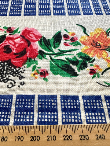 Vintage Tea Towel Irish Linen LamontFlowers & Grid Unused 52cm x 78cm