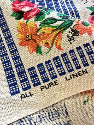 Vintage Tea Towel Irish Linen LamontFlowers & Grid Unused 52cm x 78cm