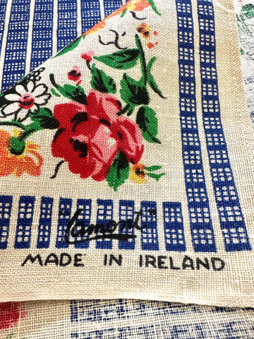 Vintage Tea Towel Irish Linen LamontFlowers & Grid Unused 52cm x 78cm