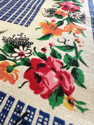 Vintage Tea Towel Irish Linen LamontFlowers & Grid Unused 52cm x 78cm