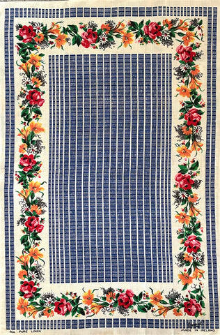 Vintage Tea Towel Irish Linen LamontFlowers & Grid Unused 52cm x 78cm
