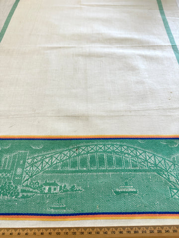 Vintage Tea Towel Irish Linen Mid-Century Australiana Sydney Harbour Bridge Unused Unhemmed Large 53cm x 75cm