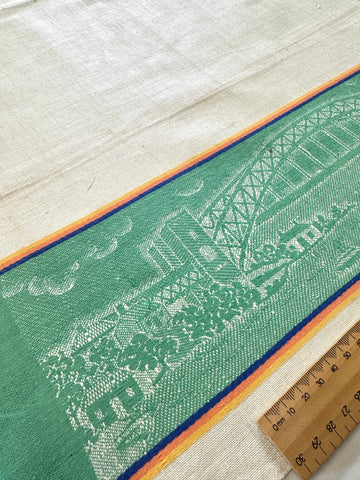 Vintage Tea Towel Irish Linen Mid-Century Australiana Sydney Harbour Bridge Unused Unhemmed Large 53cm x 75cm