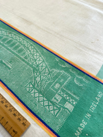Vintage Tea Towel Irish Linen Mid-Century Australiana Sydney Harbour Bridge Unused Unhemmed Large 53cm x 75cm