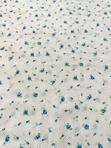Vintage Fabric Small Blue Green Flowers Blue Dots on White 80s Cotton 88cm Wide