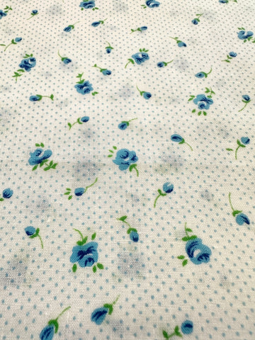 Vintage Fabric Small Blue Green Flowers Blue Dots on White 80s Cotton 88cm Wide