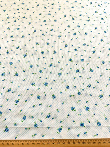 Vintage Fabric Small Blue Green Flowers Blue Dots on White 80s Cotton 88cm Wide