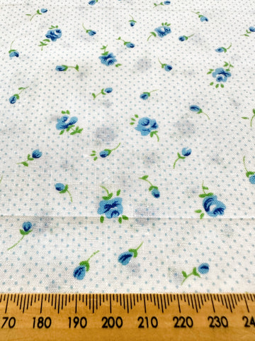 Vintage Fabric Small Blue Green Flowers Blue Dots on White 80s Cotton 88cm Wide