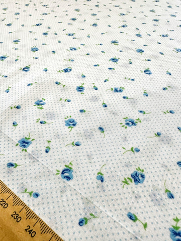 Vintage Fabric Small Blue Green Flowers Blue Dots on White 80s Cotton 88cm Wide
