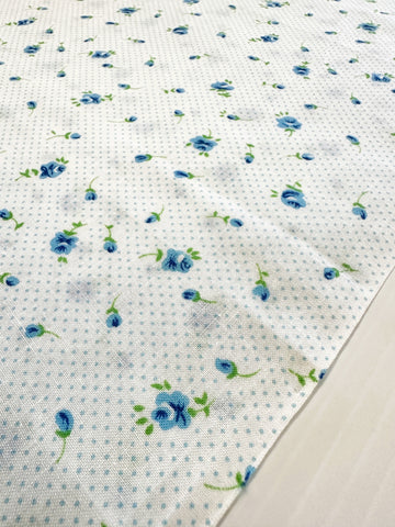 Vintage Fabric Small Blue Green Flowers Blue Dots on White 80s Cotton 88cm Wide