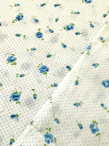 Vintage Fabric Small Blue Green Flowers Blue Dots on White 80s Cotton 88cm Wide