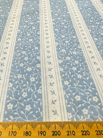 LAST PIECE Vintage Fabric Small Blue & White Floral Stripes 80s Cotton 112cm x 50cm
