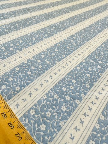 LAST PIECE Vintage Fabric Small Blue & White Floral Stripes 80s Cotton 112cm x 50cm