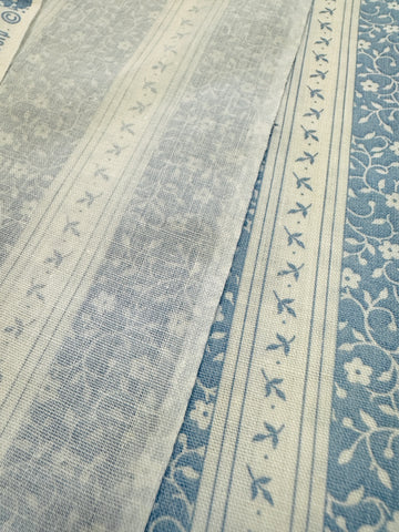 LAST PIECE Vintage Fabric Small Blue & White Floral Stripes 80s Cotton 112cm x 50cm