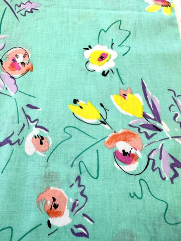 Vintage Fabric Painterly Flowers on Mint Green 80s Cotton 88cm Wide