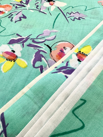 Vintage Fabric Painterly Flowers on Mint Green 80s Cotton 88cm Wide