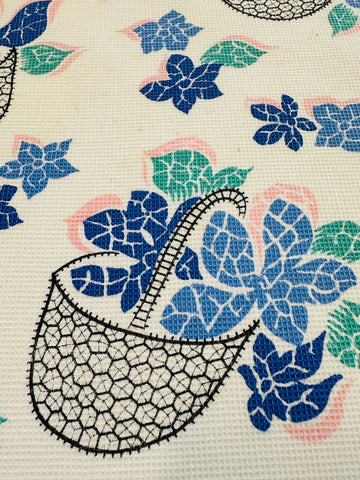 ONE PIECE ONLY Vintage Fabric 1940s 50s Fancy Weave Light Weight Cotton w/ Baskets of Flowers 86cm x 91cm