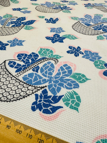 ONE PIECE ONLY Vintage Fabric 1940s 50s Fancy Weave Light Weight Cotton w/ Baskets of Flowers 86cm x 91cm