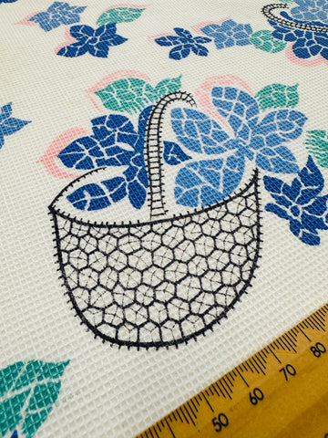 ONE PIECE ONLY Vintage Fabric 1940s 50s Fancy Weave Light Weight Cotton w/ Baskets of Flowers 86cm x 91cm