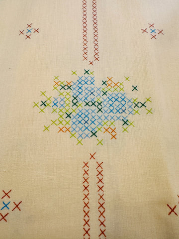 Vintage Fabric 1980s Actil Fabulous Faux Cross Stitch on Pale Yellow Cotton Blend Sheeting NOS 180cm Wide