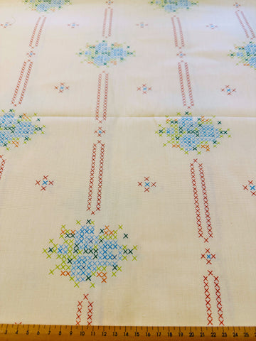 Vintage Fabric 1980s Actil Fabulous Faux Cross Stitch on Pale Yellow Cotton Blend Sheeting NOS 180cm Wide