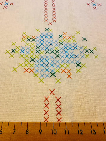 Vintage Fabric 1980s Actil Fabulous Faux Cross Stitch on Pale Yellow Cotton Blend Sheeting NOS 180cm Wide