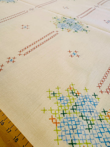 Vintage Fabric 1980s Actil Fabulous Faux Cross Stitch on Pale Yellow Cotton Blend Sheeting NOS 180cm Wide