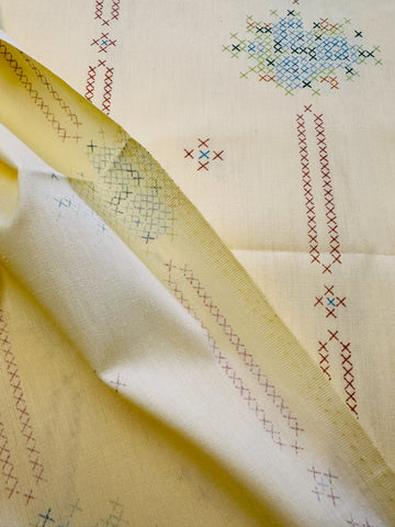 Vintage Fabric 1980s Actil Fabulous Faux Cross Stitch on Pale Yellow Cotton Blend Sheeting NOS 180cm Wide