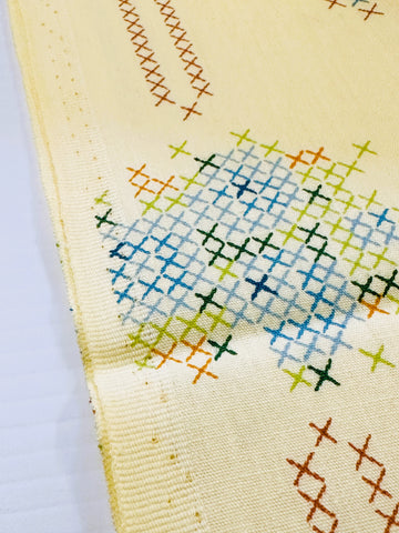 Vintage Fabric 1980s Actil Fabulous Faux Cross Stitch on Pale Yellow Cotton Blend Sheeting NOS 180cm Wide