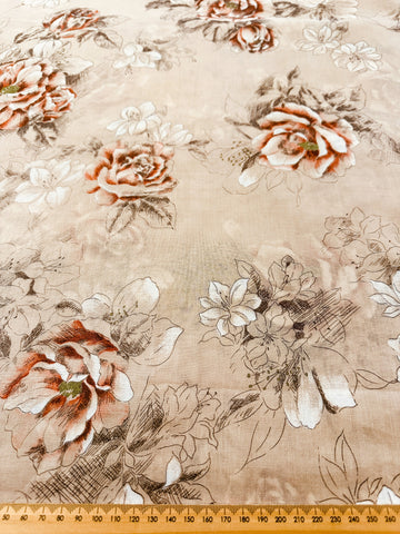 Vintage Fabric 1980s Cotton Voile Pale Coffee w/ Drawn Roses Lilies 110cm Wide