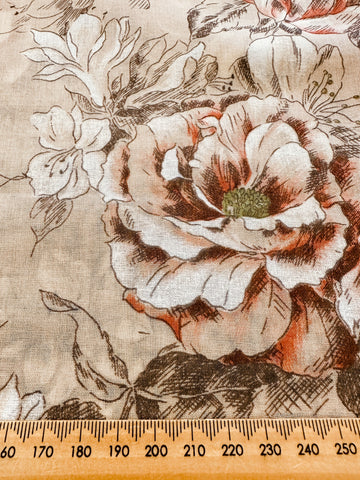 Vintage Fabric 1980s Cotton Voile Pale Coffee w/ Drawn Roses Lilies 110cm Wide