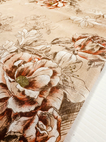 Vintage Fabric 1980s Cotton Voile Pale Coffee w/ Drawn Roses Lilies 110cm Wide