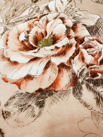 Vintage Fabric 1980s Cotton Voile Pale Coffee w/ Drawn Roses Lilies 110cm Wide
