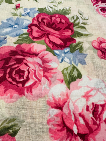 Vintage Fabric 1980s Large Floral Cluster Cotton Blend Pale Taupe Linen Look 120cm Wide