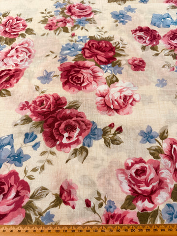 Vintage Fabric 1980s Large Floral Cluster Cotton Blend Pale Taupe Linen Look 120cm Wide