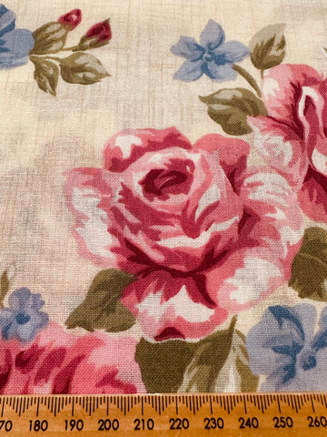 Vintage Fabric 1980s Large Floral Cluster Cotton Blend Pale Taupe Linen Look 120cm Wide