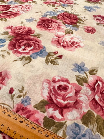 Vintage Fabric 1980s Large Floral Cluster Cotton Blend Pale Taupe Linen Look 120cm Wide