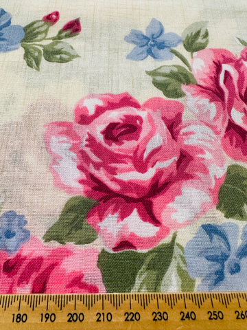 Vintage Fabric 1980s Large Floral Cluster Cotton Blend Pale Taupe Linen Look 120cm Wide