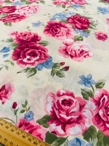 Vintage Fabric 1980s Large Floral Cluster Cotton Blend Pale Taupe Linen Look 120cm Wide