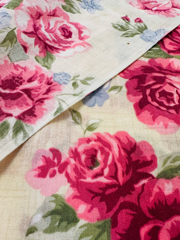 Vintage Fabric 1980s Large Floral Cluster Cotton Blend Pale Taupe Linen Look 120cm Wide