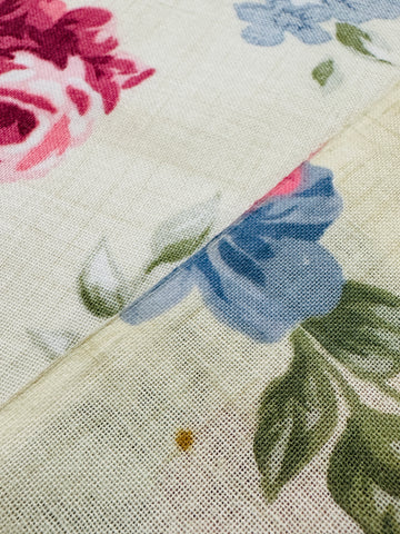 Vintage Fabric 1980s Large Floral Cluster Cotton Blend Pale Taupe Linen Look 120cm Wide