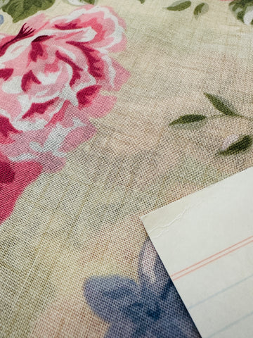 Vintage Fabric 1980s Large Floral Cluster Cotton Blend Pale Taupe Linen Look 120cm Wide